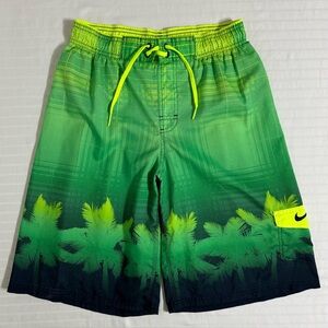 Nike Swim Trunks Board Shorts Men’s XL Green Navy Blue Palm Trees Plaid 11”
